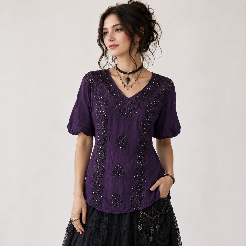 Vintage Braja Embroidered Top Women's Sz L Purple Short Sleeve Sequin Whimsygoth